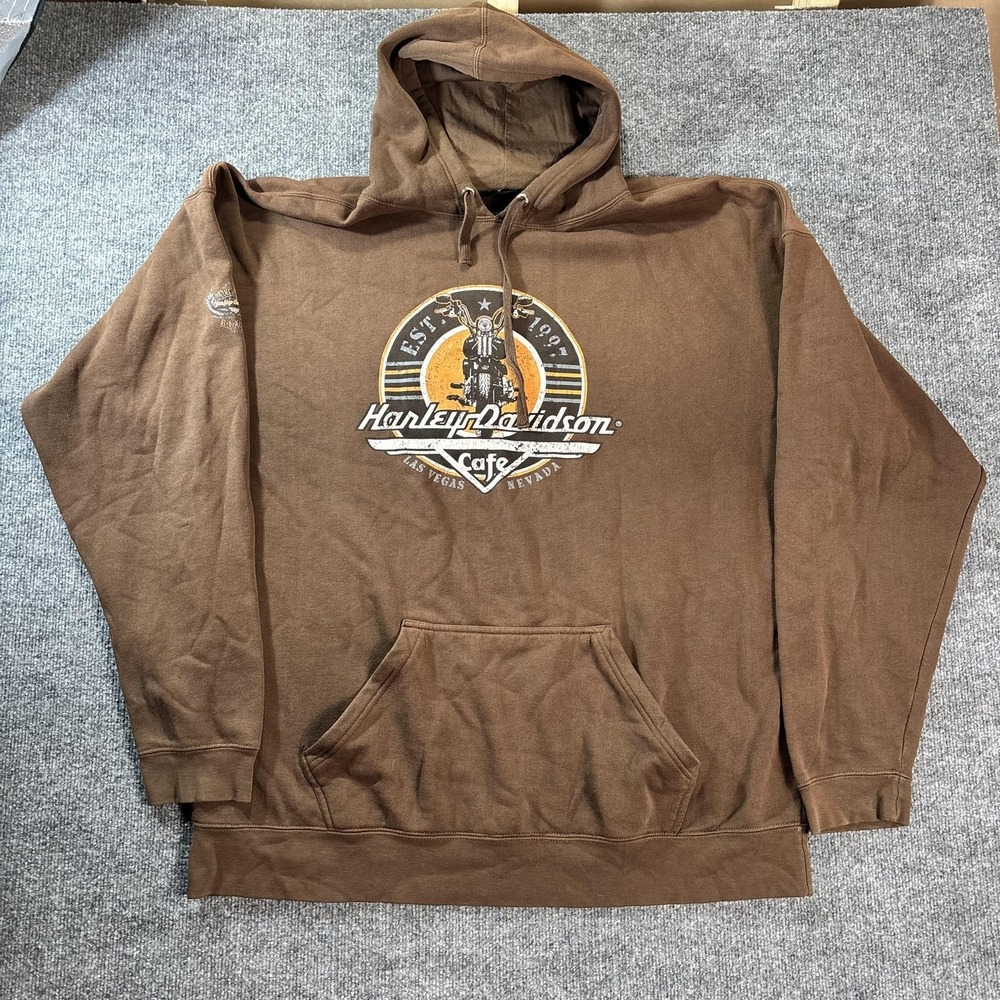 Harley-Davidson Hoodie Mens 3XL Brown Pullover Fleece Las Vegas Cafe Graphic